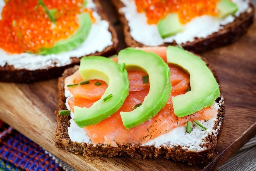 Delicious Red Caviar, Avocado, Salmon And Cream Cheese Sandwiches