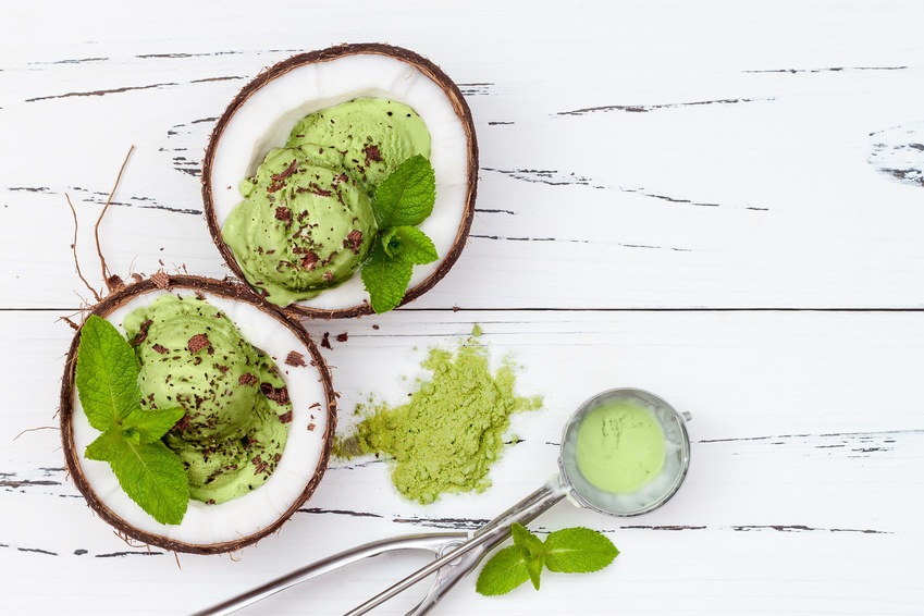 Green Tea Matcha Mint Ice Cream With Chocolate And Coconut Milk
