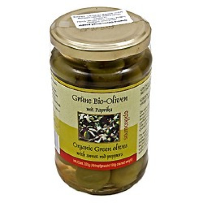 Oliven Grønne m.rød peber Græsk Ø 320 gr.